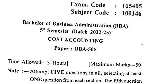 Gndu BBA 5th Semester Cost Accounting Question Paper | Cost Accounting Question Paper 2024