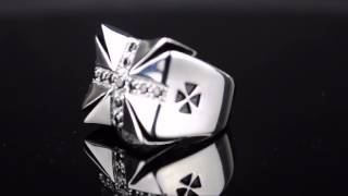 Inox Jewelry Men's Stainless Steel Ring with Iron Cross Design & Black Cubic Zirconia -FR1263
