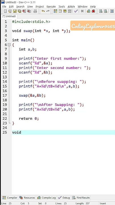 Program to swap two numbers using third variable using function call by ...