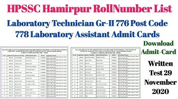 HPSSC Hamirpur RollNumber List Medical Laboratory Technician 776 Post Code 778 Laboratory Assistant