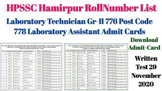 HPSSC Hamirpur RollNumber List Medical Laboratory Technician 776 Post Code 778 Laboratory Assistant
