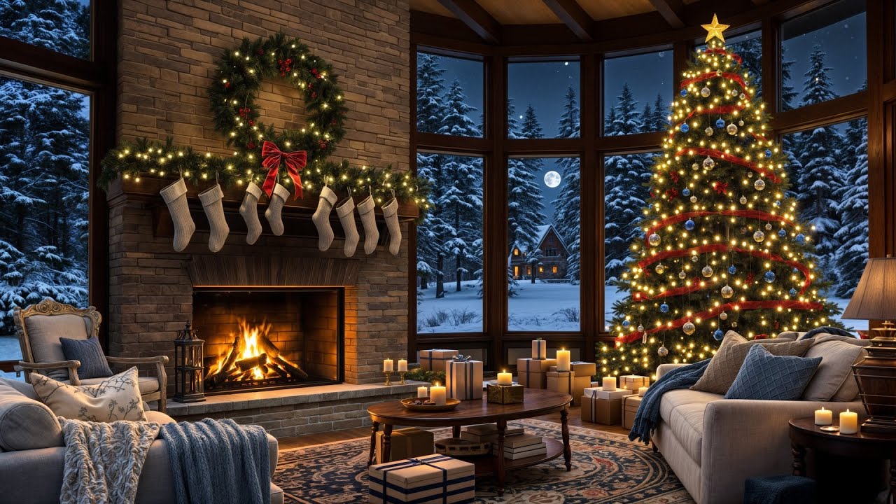 Cozy Christmas atmosphere in the room🎄Soft jazz music and crackling fireplace Relaxing holiday radio