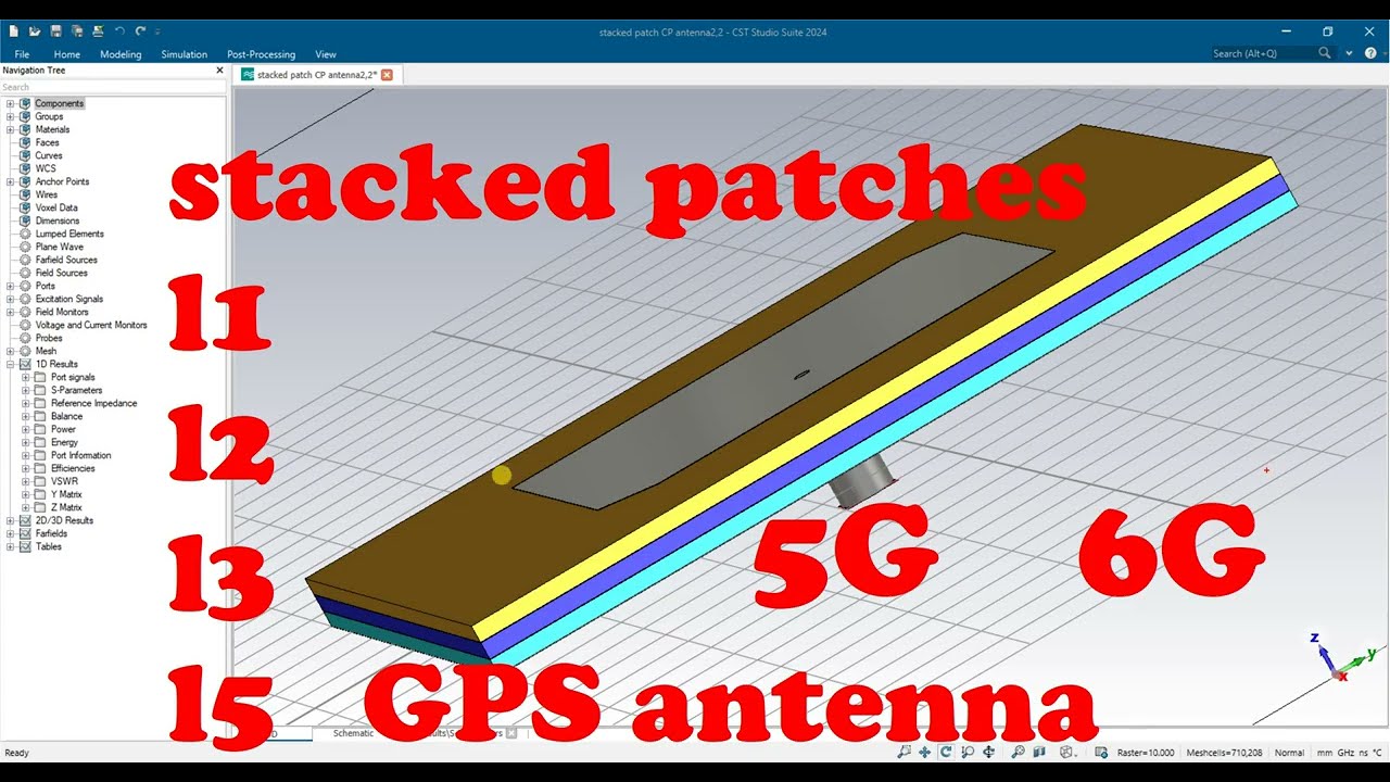 stacked patches L1 L2L3L5 GPS 5G antenna in cst