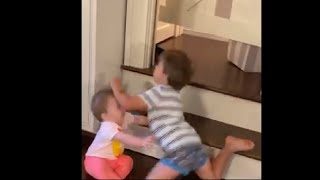 Big Brother Falls Over His Baby Sister While Playing