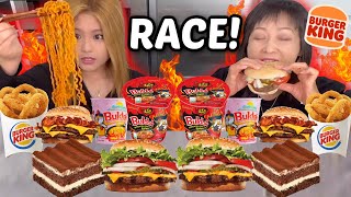 BURGER KING & BULDAK RAMEN RACE EATING COMPETITION! HUGE OREO ICE CREAM SUNDAE & FAIR FOODS 먹방