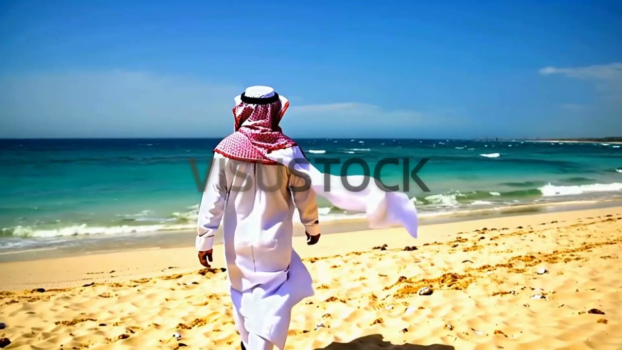 Man in Traditional Middle Eastern Clothing Walking on Beach | VisuStock.com