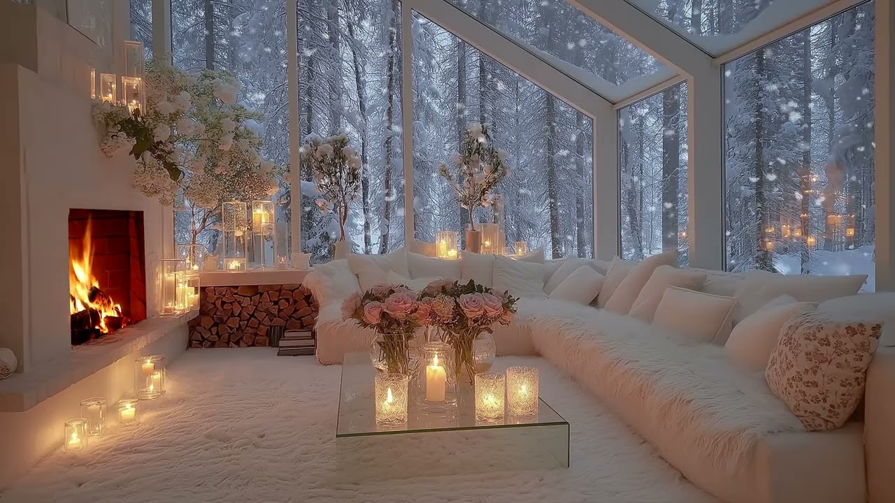 🎹🤍 Tranquil Winter Piano | White Lounge Ambiance & Falling Snow to Enhance Relaxation and Peace