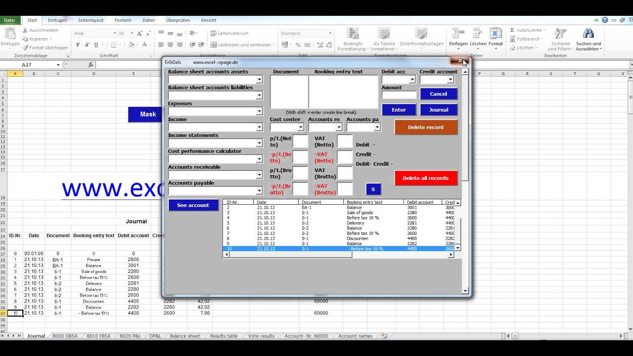 Accounting with accounting program based on an Excel file VBA