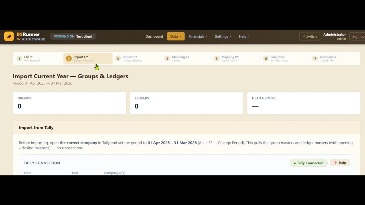 Creating a client, connecting Tally & importing two years