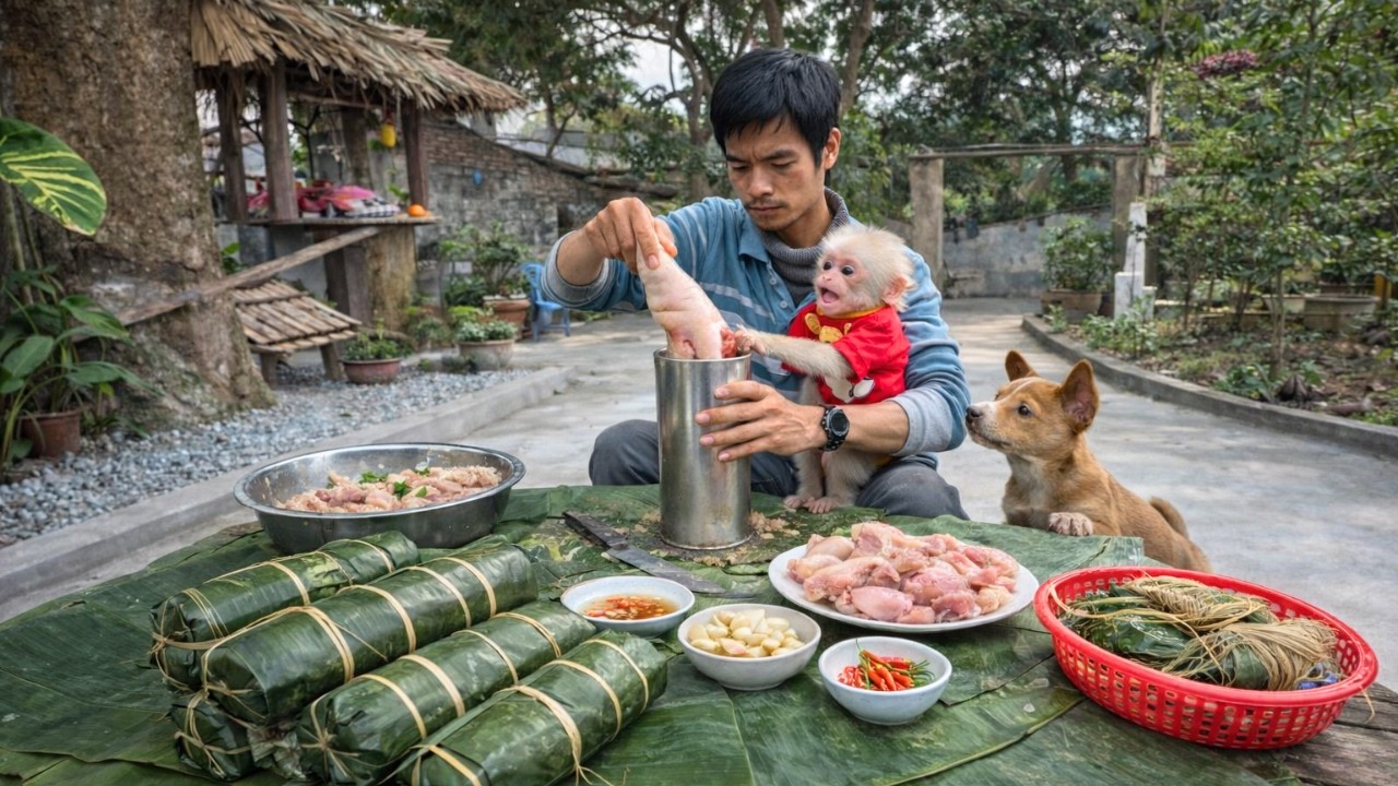 So cute! Baba tries to help Dad make Vietnamese pork sausage for Tet.