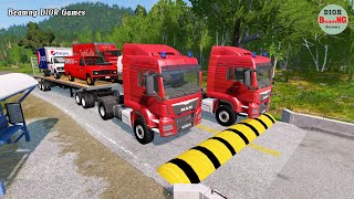 Double Flatbed Trailer Truck vs speed bumps|Busses vs speed bumps|Beamng Drive|186