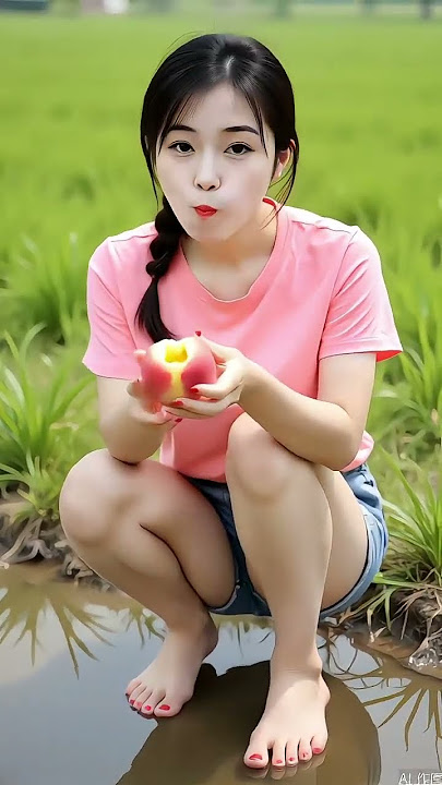 gadis desa makan buah apel di pinggiran sawah dan kali di buat menggunakan ai #short #ai