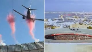 Moment two airliners soar over packed stadium in spectacular pre-game flyover : VIDEO  screenshot 4