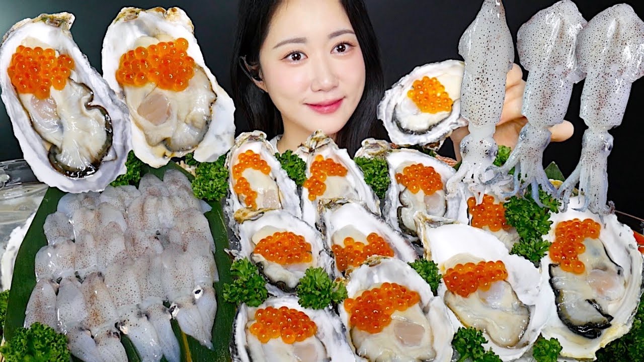 연어알 올린 석화🦪🧡호로록 호래기🦑🤍석화 호래기 먹방 Raw Baby Squid, Raw Oyster 生ガキ ヒイカ | Mukbang ASMR