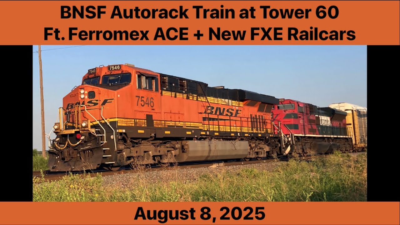 BNSF Autorack Train with Ferromex ACE & New FXE Railcars at Tower 60 ...