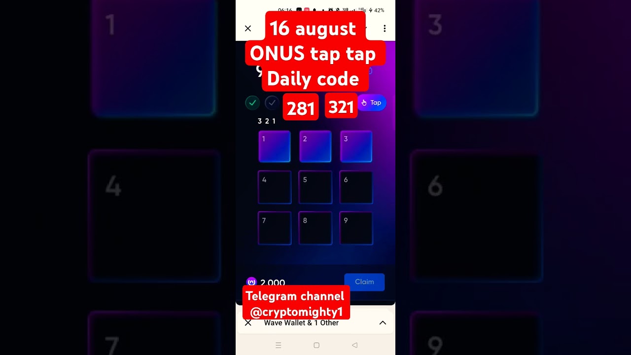 Onus tap tap daily 16 August code | Onus tap tap 