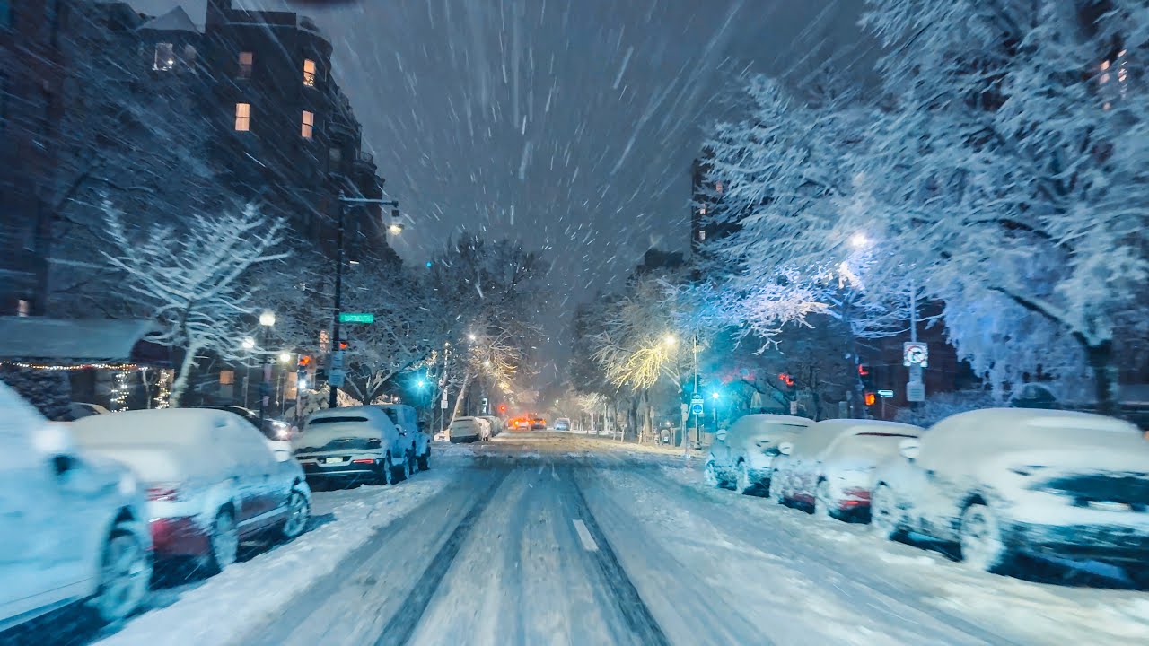 Night Snowfall Drive in Boston: ASMR Winter Roads