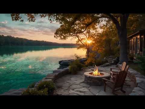 Peaceful Lakeside with Fire Pit | Nature Sounds with Birds Chirping for Relaxation and Calm Mind