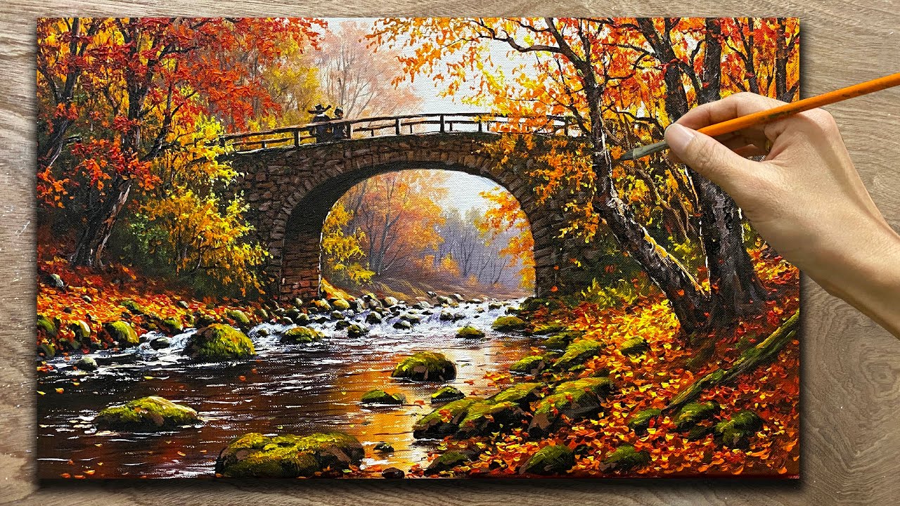 How to draw a bridge over a stream /#85/ Autumn landscape painting / Acrylic painting / A Lu Art