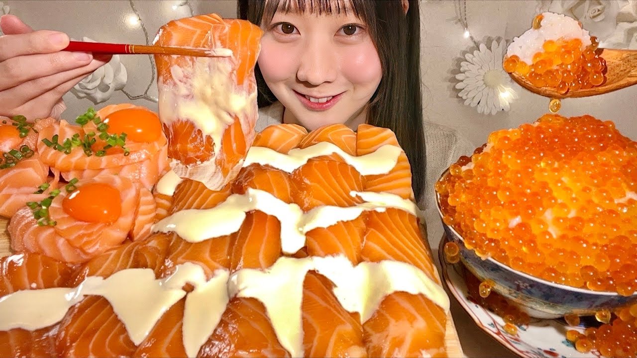 ASMR Маринованный лосось с майонезом и рис с икрой лосося【русские субтитры】【Mukbang/ Eating Sounds】