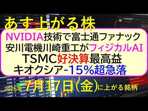 NVIDIA技術で富士通、ファナック、安川電機、川崎重工がフィジカルＡＩ。キオクシア-急落。～あす上がる株　2026年７月１７日（金）に上がる銘柄。最新の日本株情報。高配当株の株価やデイトレ情報
