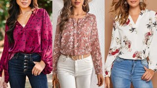 Summer girls casual floral print chiffon shirt blouse with jeans