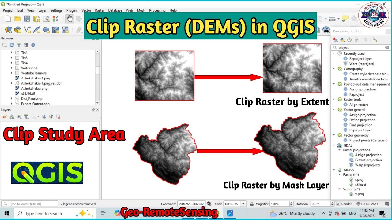 How to Clip Study Area from Mosaicked DEM in QGIS | Clip Raster by Mask ...