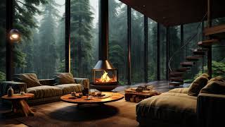 Cozy Forest Living Room - Warm Jazz Music for Rainy Day Ambience 🌧️ Relaxing Jazz to Unwind