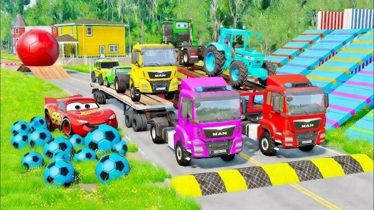 Double Flatbed truck McQueen | transportation with truck - Pothole vs car #1 BeamNG.Drive Gameplay