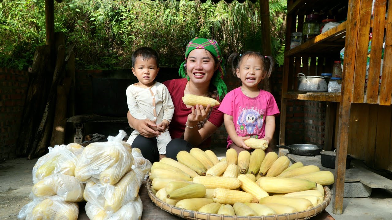 Harvesting giant corn, boiling it and taking it to market to sell - with my little daughter
