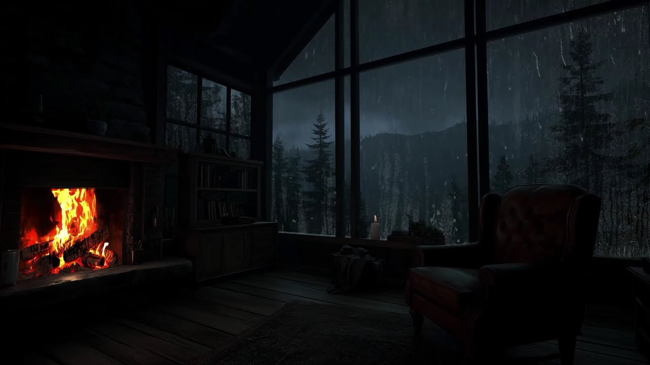 Rainforest Room Ambience 🌧️ Thunderstorms & Cozy Fireplace for Deep Sleep