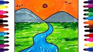 how to draw Mountain and river for kids | Beginners Mountain Landscape Drawing