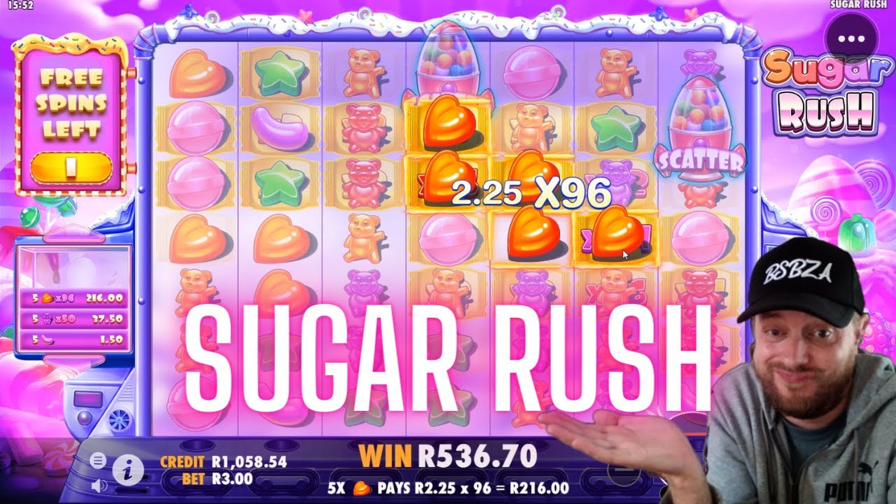 Detailed screenshot of the Sugar Rush slot game reel grid and candy-themed symbols during free play mode.
