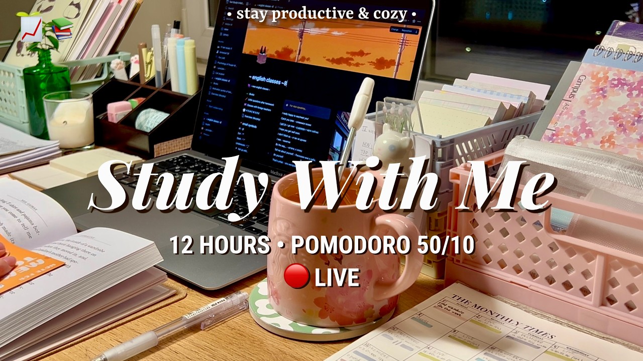 [LIVE] 12 HR • STUDY WITH ME • Pomodoro 50/10 Deep Focus | Fireplace sound