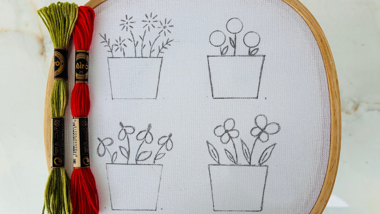 EASY FLOWER POTS HAND EMBROIDERY DESIGNS FOR BEGINNERS 