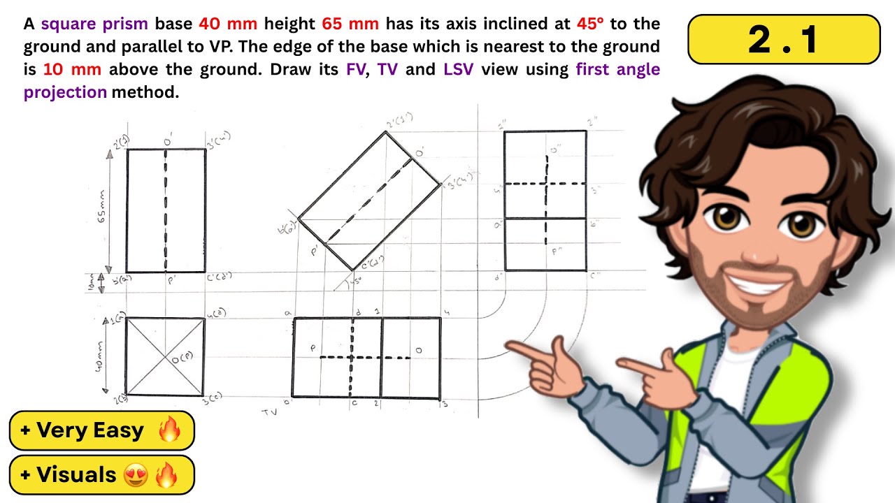 Q2.1 - A Square Prism base 40mm & height 65mm, has its axis inclined at 45°...😃 - PROJECTION PROBLEM