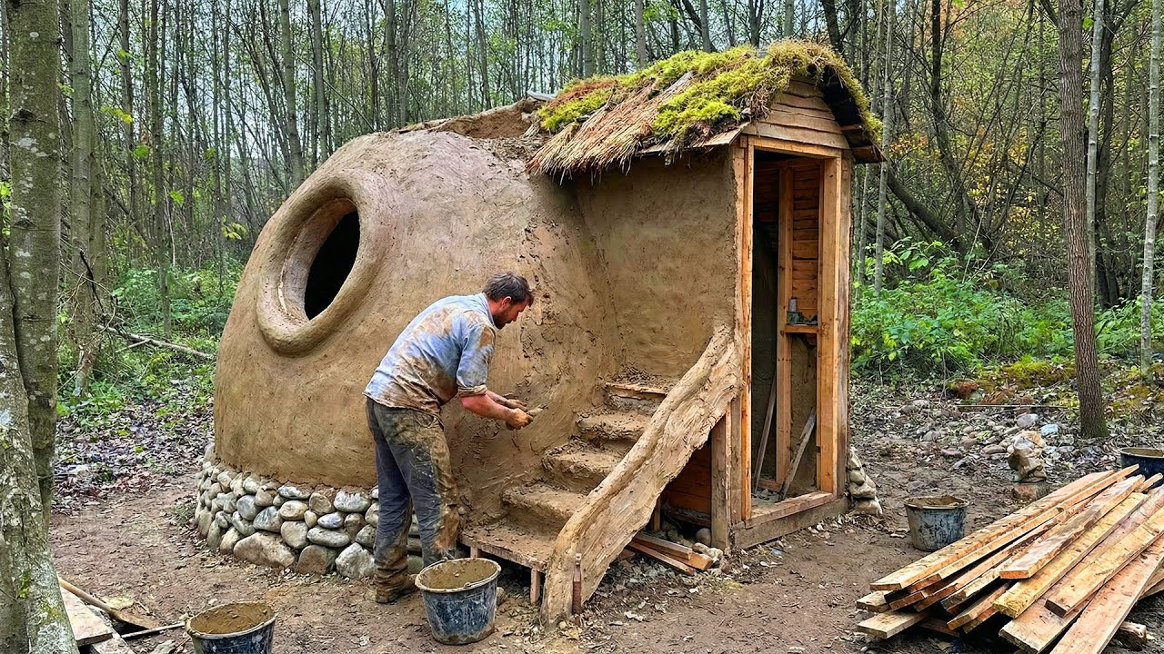 Man Builds a Bushcraft Shelter from Clay | Start to Finish