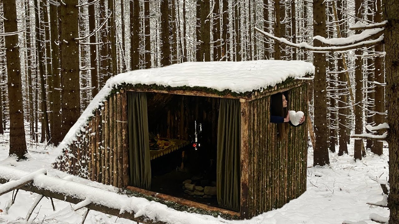 Bushcraft Log Cabin Build 8 Days Winter Camping & Cooking in