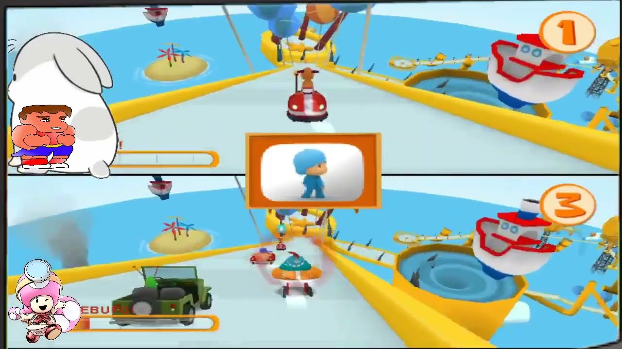 2 jugadores conducen riendo en Pocoyó Racing para WII con Loula y Pajaroto.