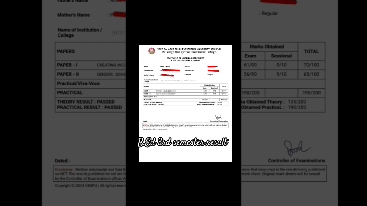 VBSPU B.Ed 3rd semester result 