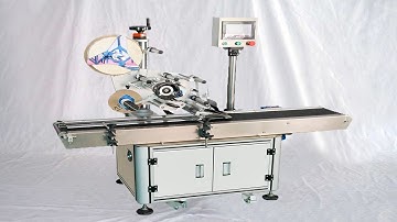 Flat surface labeling machine top stick labeller linear type applicator demo Etiquetadora superior