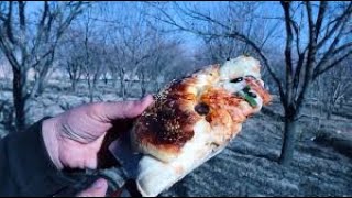 Giant Bushcraft Cheese Sandwich Pie -Cooking In Nature . Asmr Huge Cheese Sandwiches And Melted