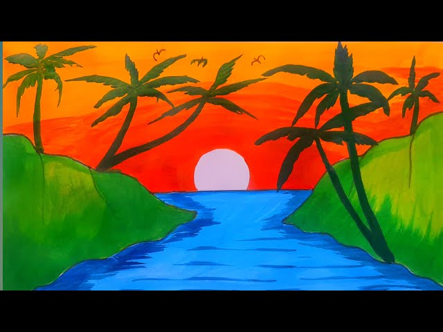 scenery drawing, chitrkla, chitra kala, drawing, chitrakala, sunset scenery drawing, चित्रकला class=