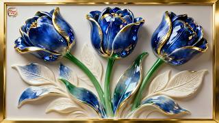 Midnight Sapphire Tulips | Luxury Blue Floral Sculpture in a Golden Frame screenshot 5