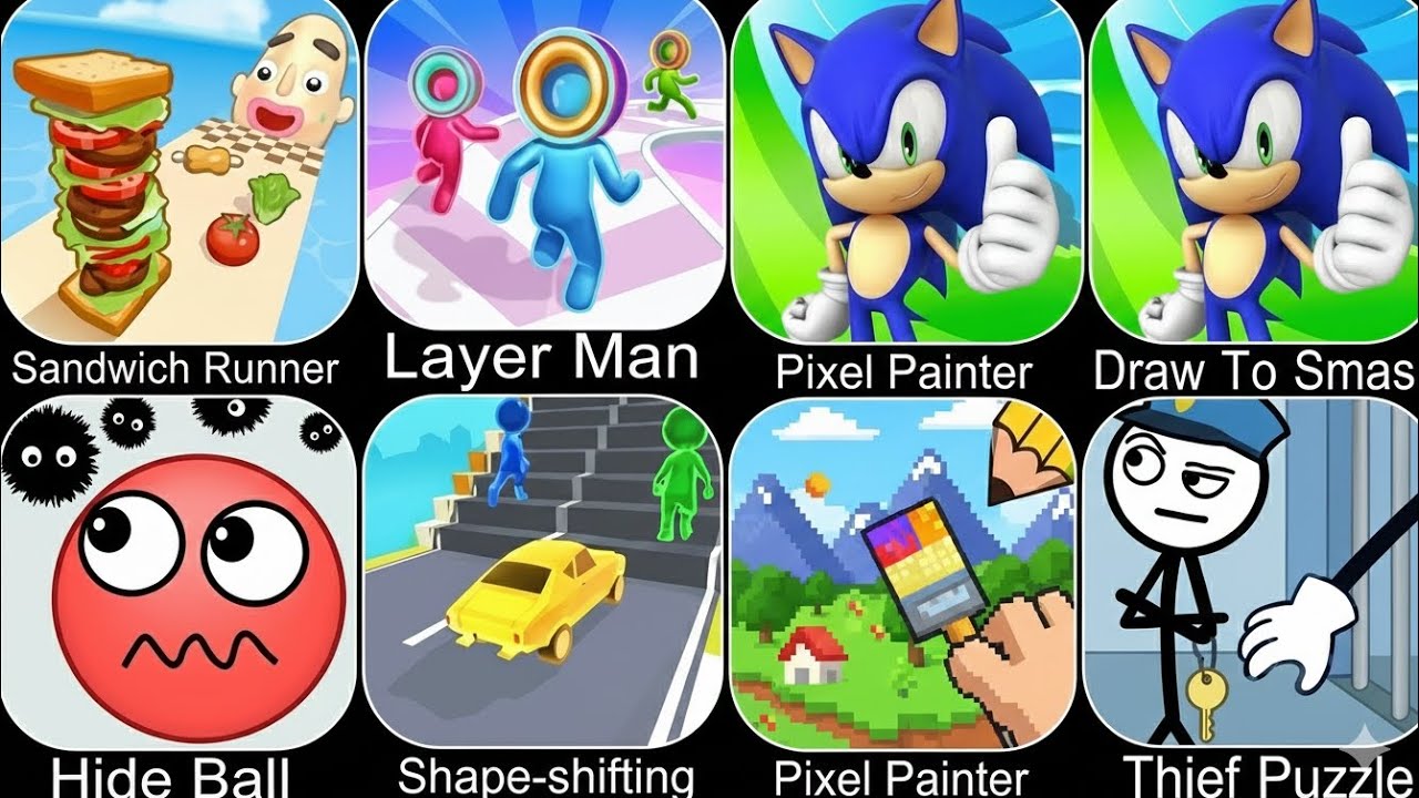 Sandwich Runner, Layer Man, Sonic Dash, Draw To Smash, Hide Ball, Thief Puzzle, Fork N Sausage