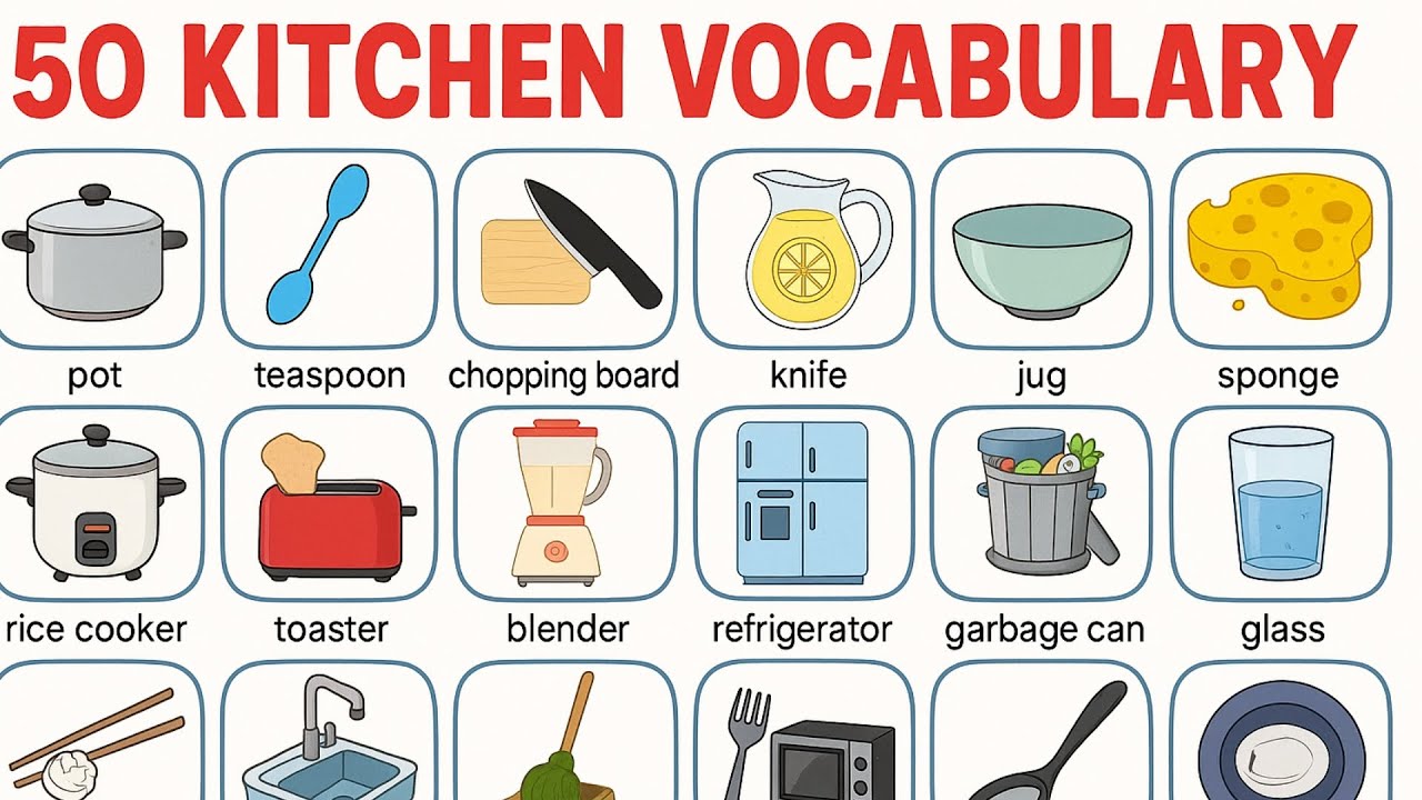 Learn English | 50 Basic Kitchen Vocabulary Words with Videos|  Daily Use Words 