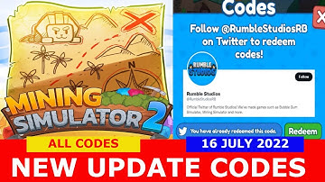 NEW UPDATE CODES [💎TREASURE HUNT💎] ALL CODES! Mining Simulator 2 ROBLOX | 16 JULY 2022