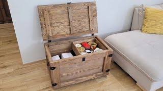 Wooden chest with movable shelf, trunk with tilting lid and wheels wenge