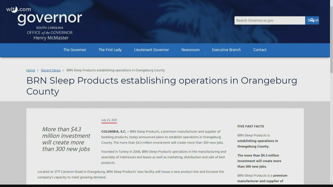 300 new jobs coming to Orangeburg County after bedding company moves in