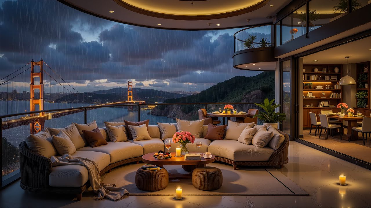 Luxury Apartment Overlooking Golden Gate Bridge 🌉 Soft Jazz & Rainy Evening for Study, Reading
